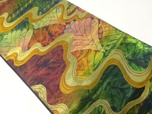 JAPANESE KIMONO / ANTIQUE FUKURO OBI / SILK / WOVEN STREAM & ABSTRACT PATTERN